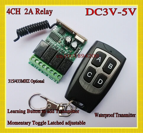 

DC3V 5V 4CH Relay Receiver Remote Control Switch DC 3.6V 3.7V 4.2V 4.5V 5V Mini LED Lamp Lighting Remote ON OFF Controller Learn