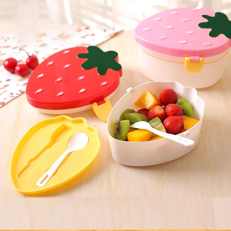 500 мл клубника Форма Коробки для обедов, 2 Слои Еда для хранения фруктов Bento коробок красный розовый микроволновая посуда для детей милые школьные чаша