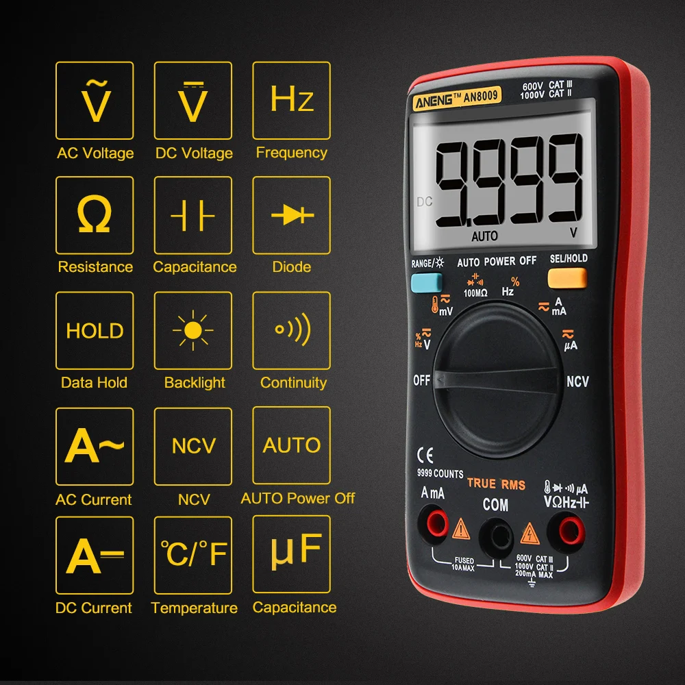 

AN8009 True-RMS Auto Range Digital Multimeter NCV Ohmmeter AC/DC Voltage Ammeter Current Meter Temperature Measurement