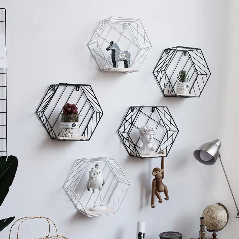 

Modern Nordic Iron Hexagonal geometry rack Storage Holders Racks Creative combination Wall Hanging Home Decoration