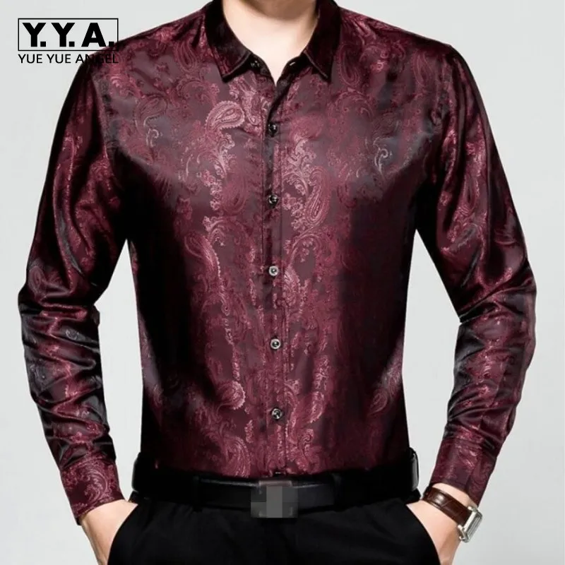 Classique Hommes Nouveauté Loisirs Mince Pour Longues black Homme red Chemises D'affaires Impression Hauts Manches 2019 Soie Printemps Gentlmen Floral Blue q57wd5