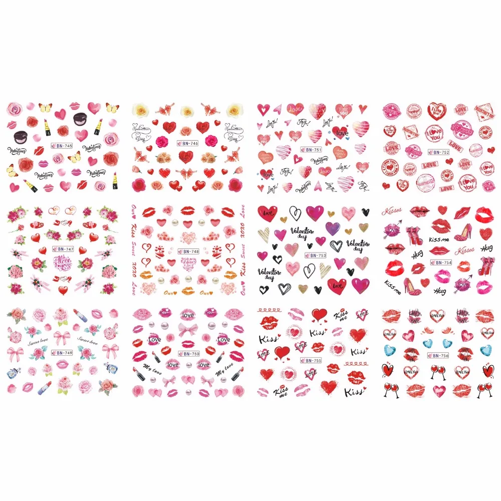 12 упак./лот переводка NAIL ART наклейки для ногтей на День святого Валентина Свадебный поцелуй сердце губы, с цветочным принтом «розы» со стразами BN745-756