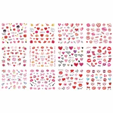 12 упак./лот переводка NAIL ART наклейки для ногтей на День святого Валентина Свадебный поцелуй сердце губы, с цветочным принтом «розы» со стразами BN745-756
