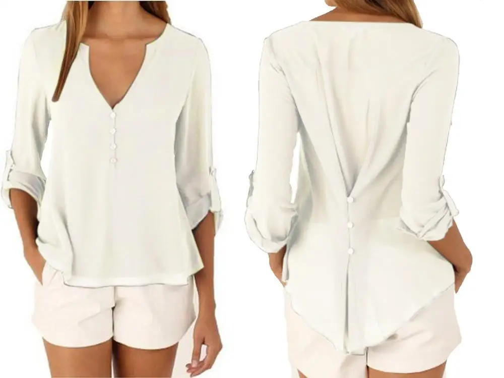 Women Blouse Casual Sexy V-Neck Long Sleeve Chiffon Blouse Button Solid Fashion Women Clothes Lady Blouse Shirt Plus Size 2019