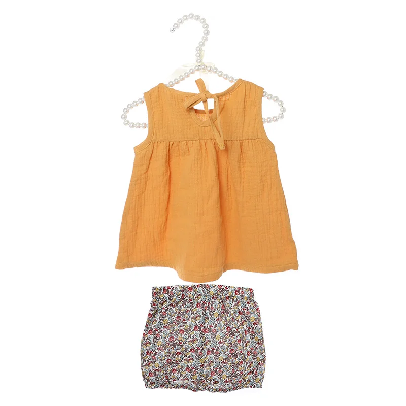 Kaiya Angel 2019 Children Girls Summer Clothing Set mustard yellow Sleeveless Top + Floral Shorts 100% Cotton Outfits 5PCS/LOT | Мать и