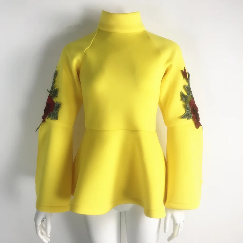 Африканская блузка для женщин с высоким горлом, желтые топы, рубашки с баской, с расклешенными рукавами, с вышивкой, Цветочные Вечерние женские блузки XXL, Прямая поставка