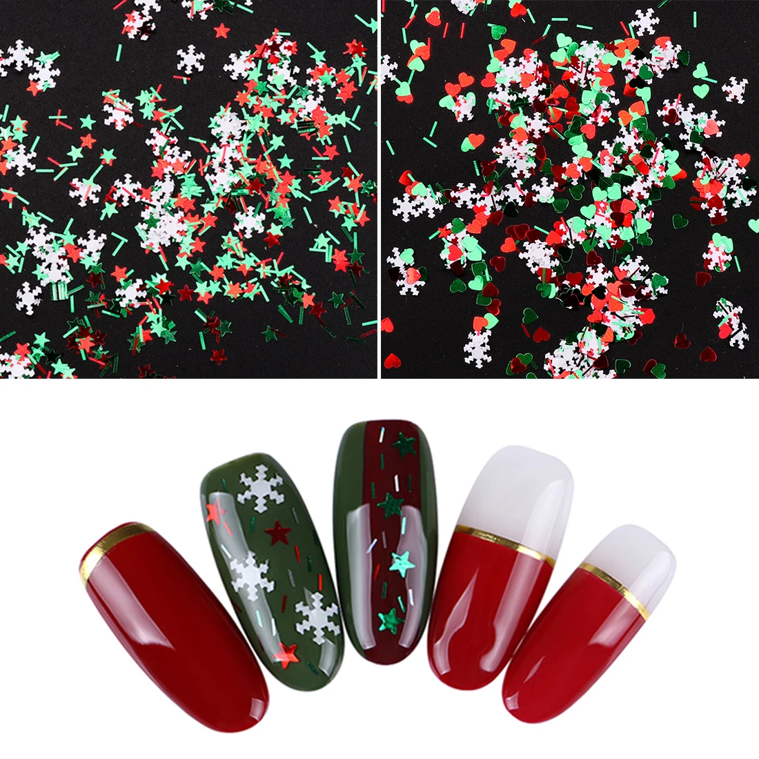 Xmas Nail красный зеленый Звезда Сердце и в полоску с белыми Снежинка смешивания Цвет Форма Flake Nail Блестки блестка Рождество декоры