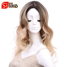 Silike 22 дюймов Синтетические волосы на кружеве парик Ombre пепел блондинка длинные переплетения Полный волос высокое температура волокно Средн