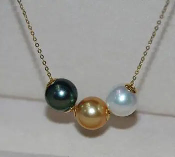 

free shipping >>>>noble jewelry 9-10mm round south sea black green gold white pearl necklace 18inch 18k yellow gold