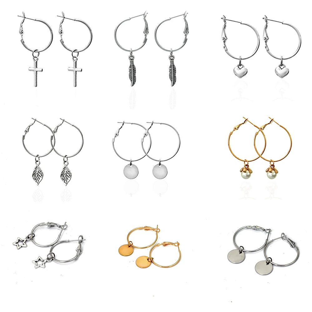 

Bing Tu Simple Silver Color Round Circle Earrings Cross Leaf Heart Pendant Drop Dangle Earring For Women Ear Piercing Jewelry