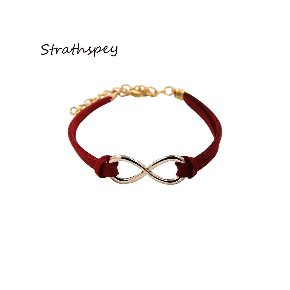 

Simple Handmade Velvet Rope Chain Wine Red hand Jewelry Metal Figure 8 Infinity Bracelet Femmes Gift Homard Fermoir Bijoux