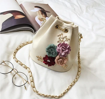 

Dropshipping 2018 Women Flowers Drawstring Bucket Bag Shoulder Bag Flower Handbag PU Leather Crossbody Bags for Women