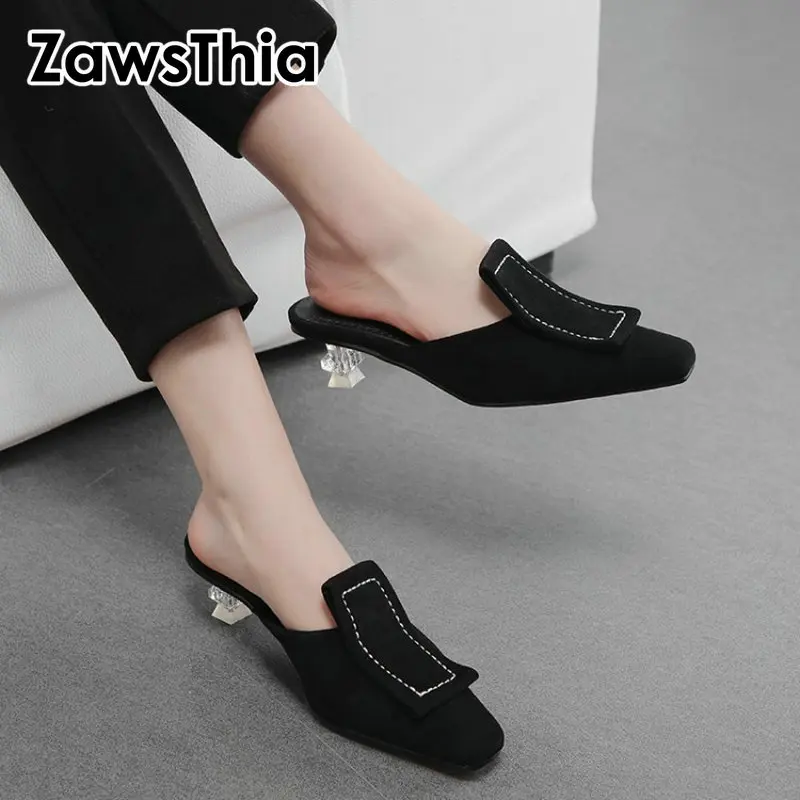 

ZawsThia 2019 summer luxury brand designer fashion woman slippers stange transparent high heels women slippers slides mules shoe