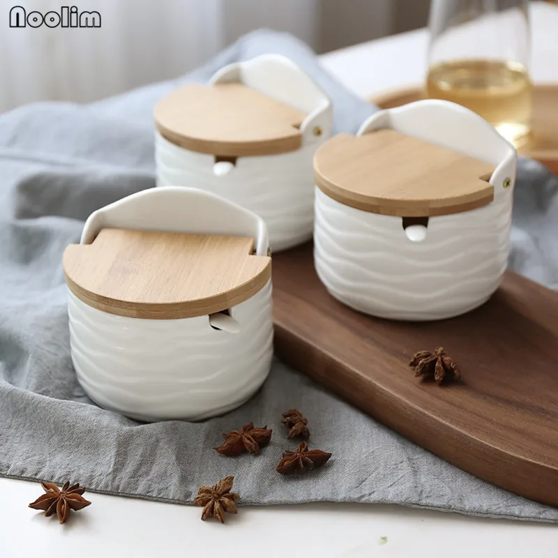 

NOOLIM Japanese Style Zakka Simple Bamboo Cover Flip Ceramic Seasoning Jar Cruet Seasoning Box Seasoning Jar with Spoon