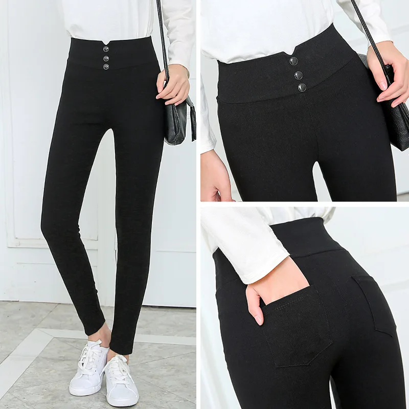 

Women's black Pants Pencil Trousers Spring Fall Button pocke Pants Women Slim Ladies Jean Trousers Female High Waist Pants