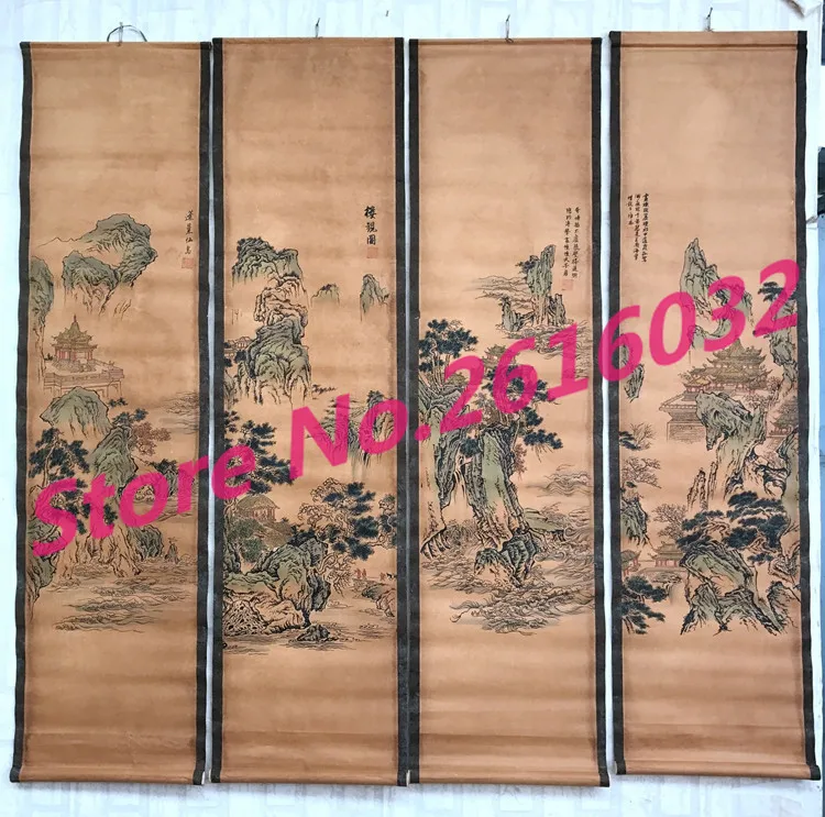 China-calligraphy-Paintings-Scrolls-old-Chinese-Painting-SCROLL-FOUR-SCREEN-Painting-Water-and-water-landscape-painting