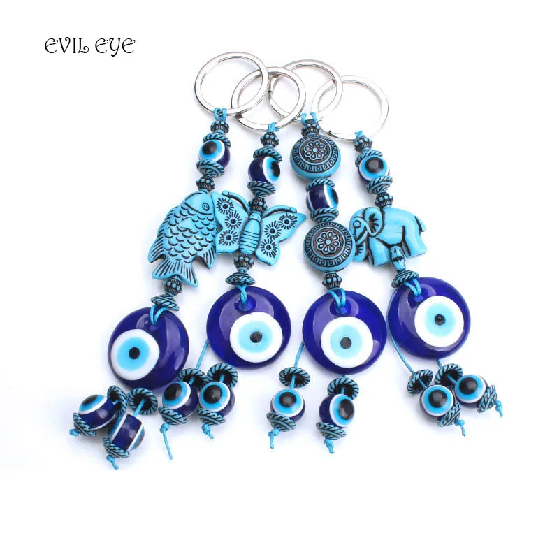 

Evil Eye New Key Chain Beads key chain Butterfly/Elephant/Fish/Round Charm Blue Key ring For Men Women Fashion Key Chain