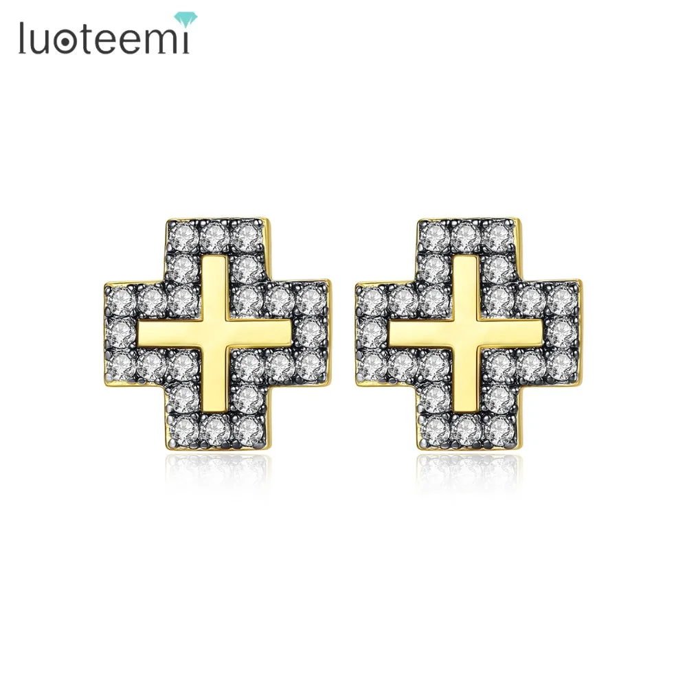 Женские серьги гвоздики с крестом LUOTEEMI изысканные двухцветные фианитами для