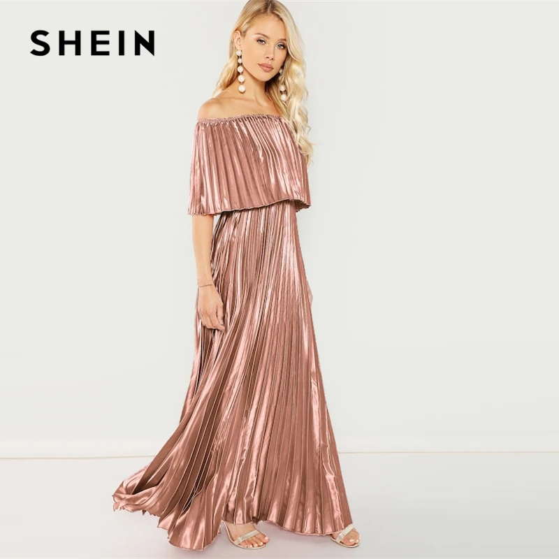 SHEIN Сексуальное Платье С Оборкой Элегантное Розовое Платье С Открытыми Плечами