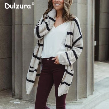 

Casual Striped V Neck Long Cardigan Coat Women 2018 Women Autumn Winter Sweaters and Cardigans Oversized Knitted Jacket Women