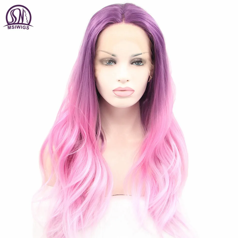 MSIWIGS Synthetic Lace Front Wigs for Women Long Brazilian Body Wave Ombre Purple Pink Wig Cosplay High Temperature Fiber