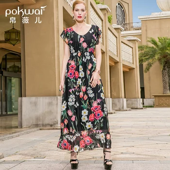 

POKWAI Maxi Casual Floral Summer A-Line Silk Dress Women New Short Butterfly Sleeve Elegant V-Neck Empire Ruffles Dresses