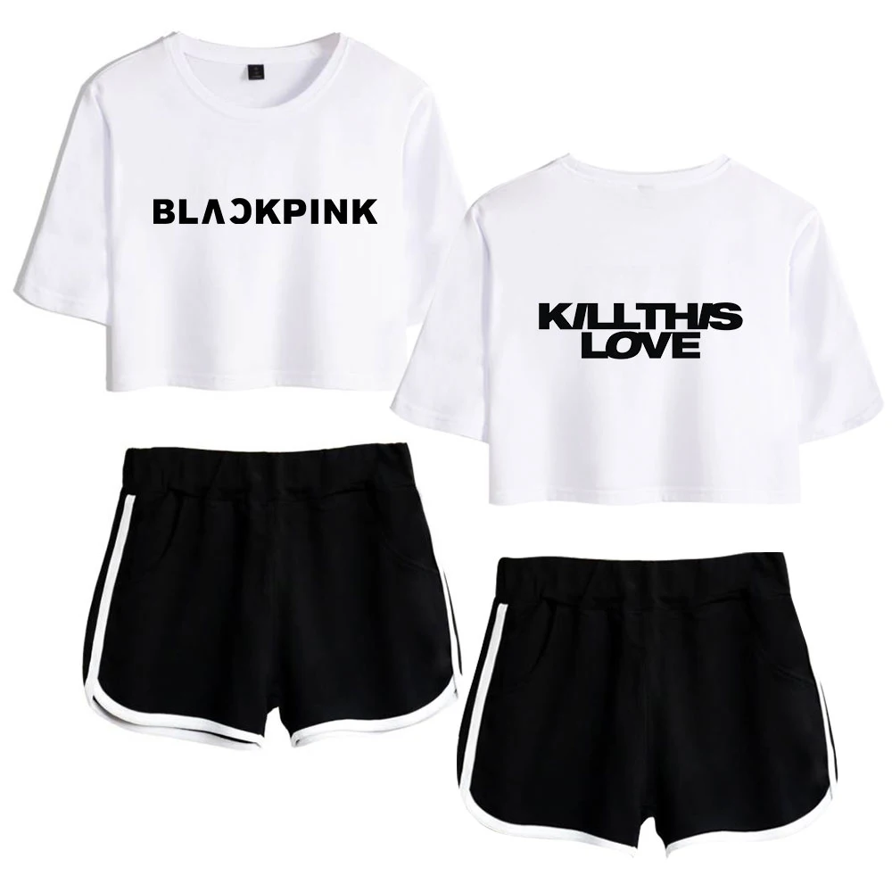 

Rholycrown Blackpink white Short Exposed Navel T shirt+black Short Pants Print KILL THIS LOVE two-piece sets clothing XS-2XL