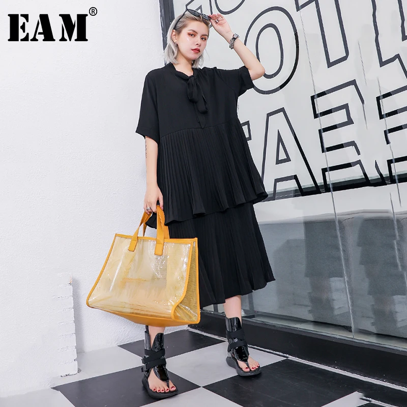 

[EAM] 2019 New Spring Summer Stand Collar Half Sleeve Bandage Bow Pleated Split Joint Cake Dress Women Fashion Tide JU637