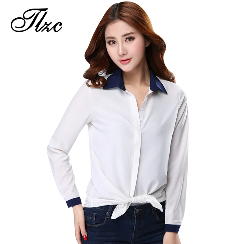 TLZC Blue Collar Women Fashion White Shirts Office Clothing Size M XL