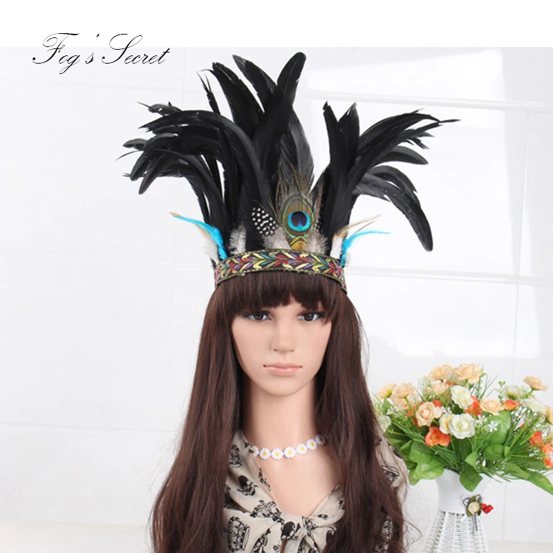 

European vintage Indian peacock feather headdress Bohemian national wind party dance show hair band For Women Girl