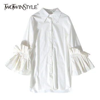 

GALCAUR Ruffles Patchwork Shirt For Women Lapel Collar Flare Sleeve Split Long White Blouse Spring Vintage Clothing 2018