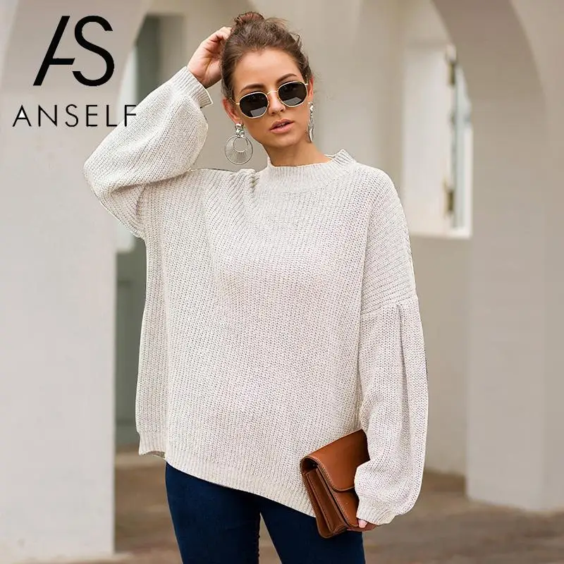 

ANSELF Sweaters Women 2019 Autumn Winter Knitted Pullover Sweater Lantern Sleeves Ribbed Mock Neck Jumpers Knitting Top female