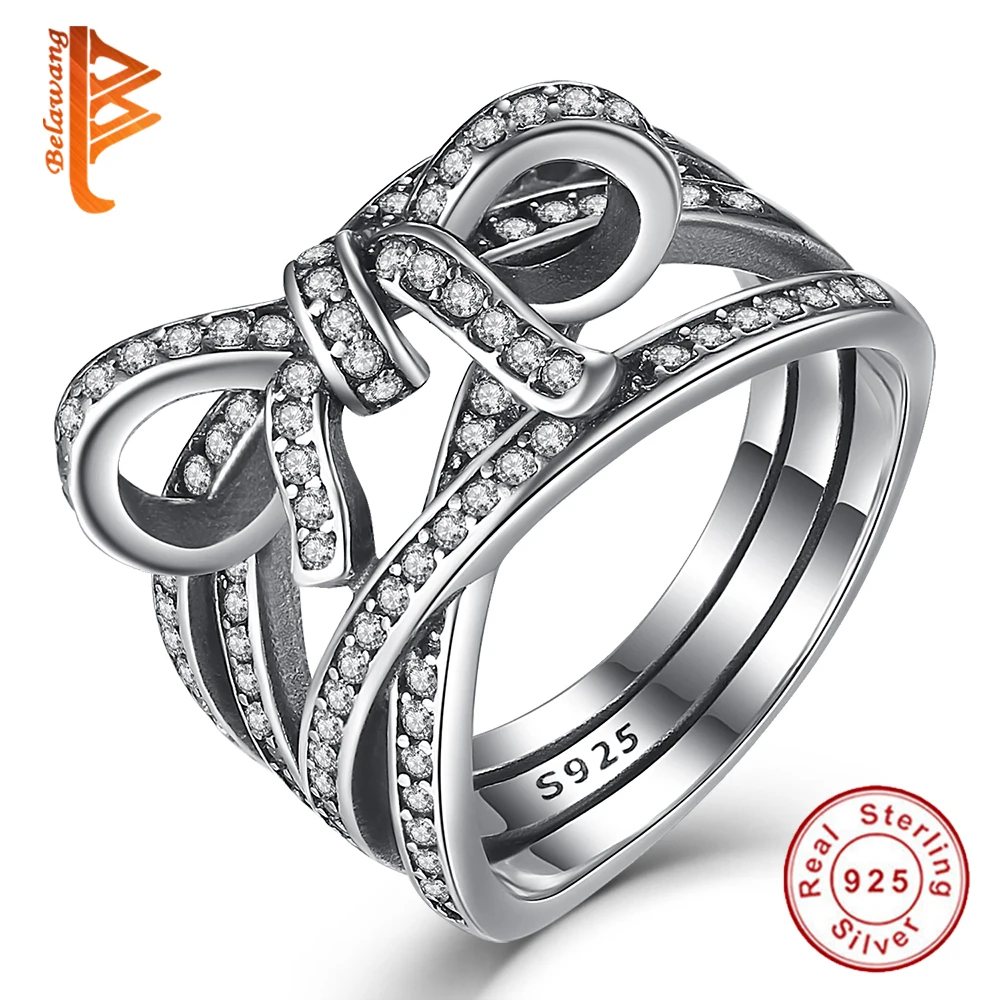 

BELAWANG Unique Design Bow Knot Design Female Finger Rings 925 Sterling Silver DELICATE SENTIMENTS RING for Women Jewelry