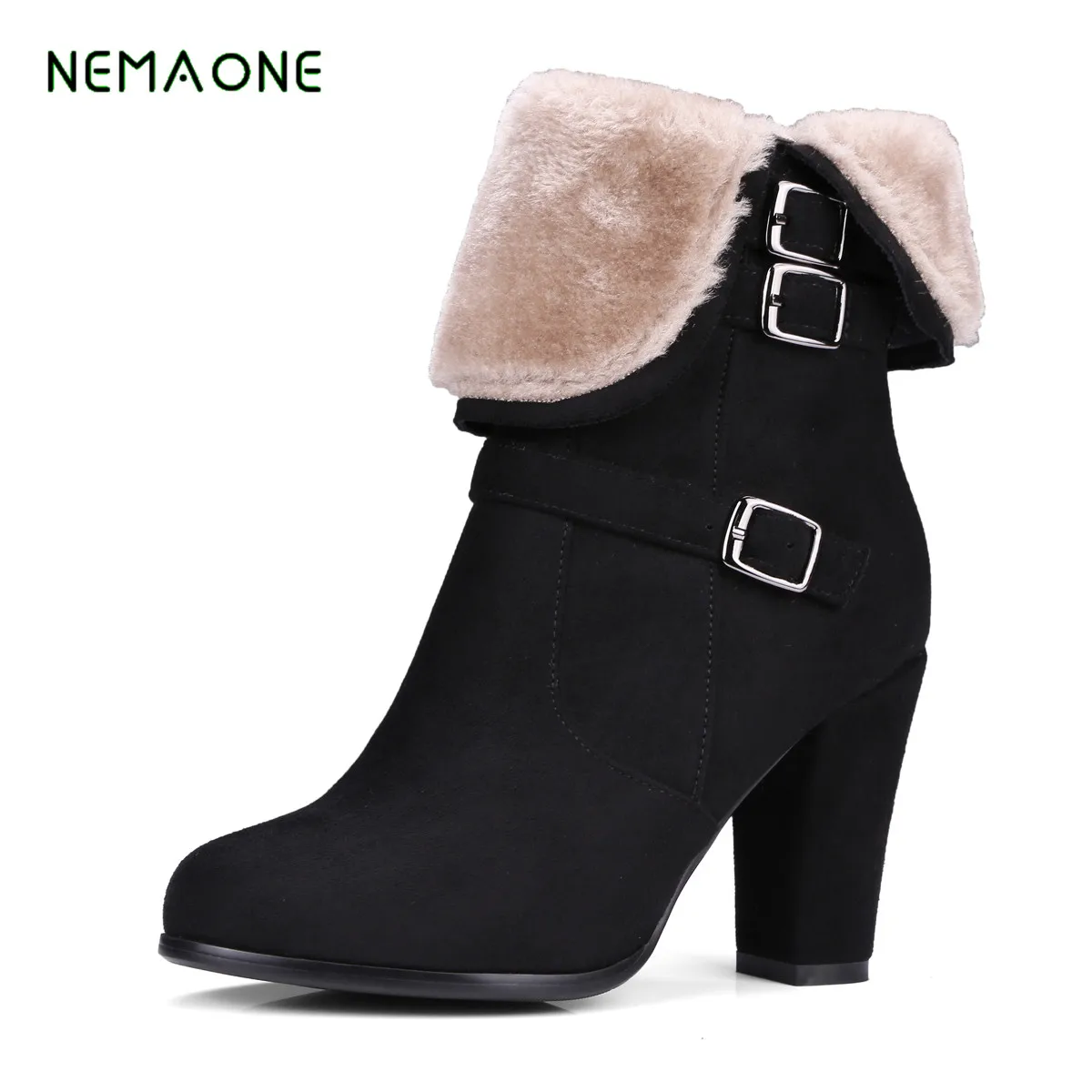 

NEMAONE Female Winter Boots Women Shoes Buckles Warm Black Gray Short Ankle Snow Boots High Heels Lady Thick Boot Plus Size 2017