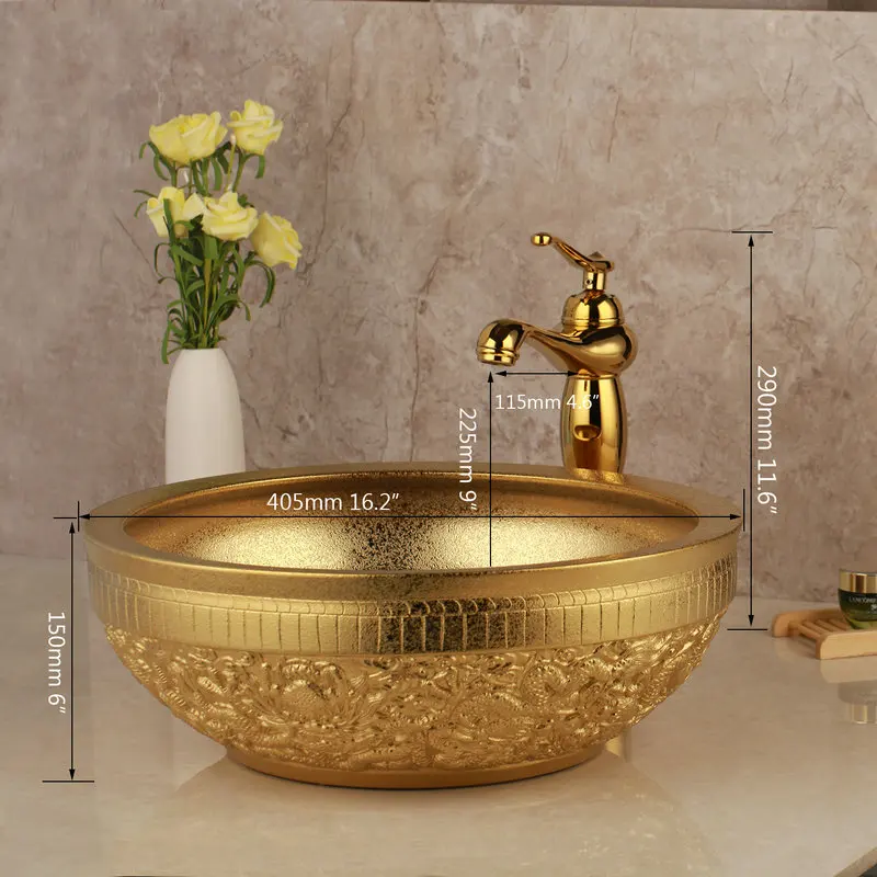 JIENI золотистый керамический умывальник для ванной комнаты Набор раковины тисненый Твердый латунный кран комбинированный смеситель кран бесплатно облетает - Цвет: Ceramic Basin Set 2