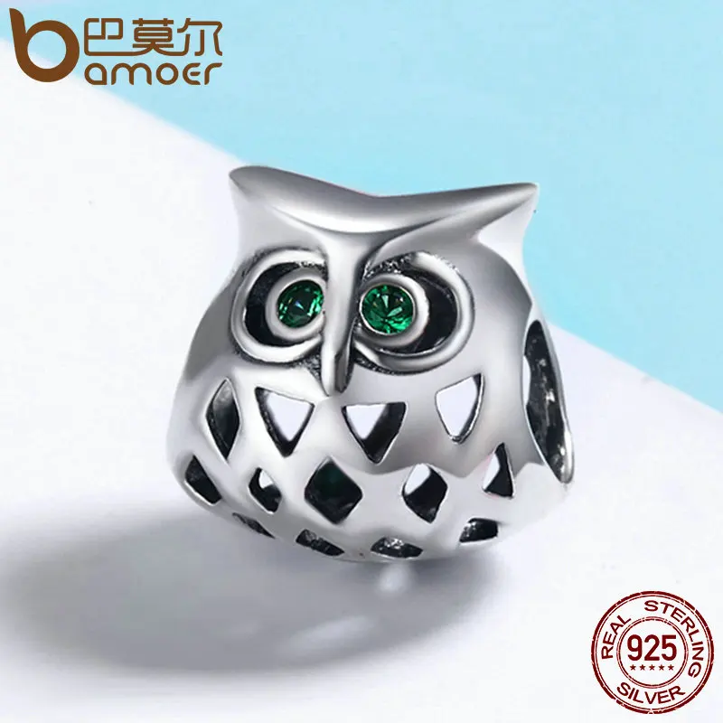 BAMOER New Arrival 925 Sterling Silver Lovely Owl Openwork Clear CZ Animal Charms fit Women Bracelets Jewelry Making SCC424