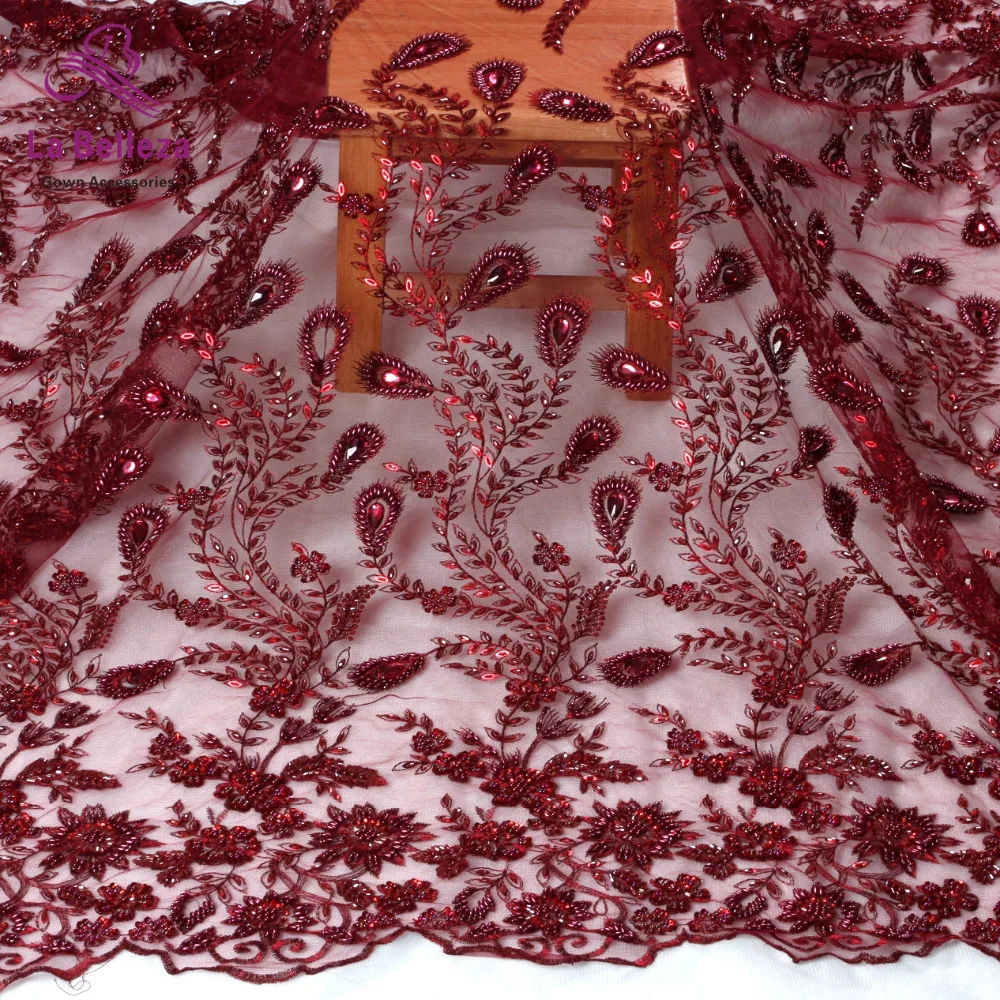 1 ярд Новое поступление Вина Ручной работы Бусины на сетке вышивка свадебное платье кружевной ткани 130 см Ширина
