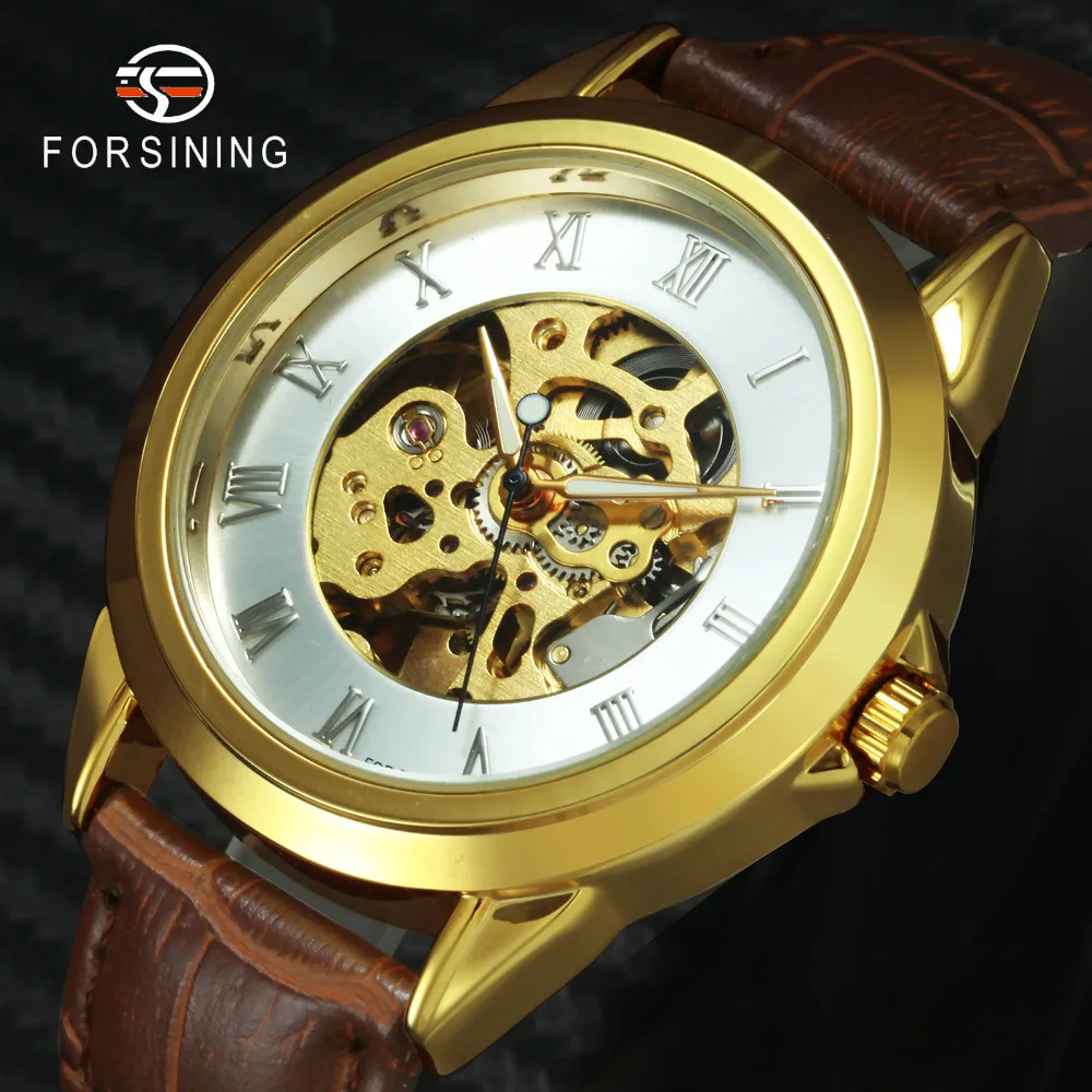 

FORSINING Top Brand Luxury Vintage Mechanical Men Watch Golden Skeleton Creative Design Leather Strap Retro Auto Wrist Watches