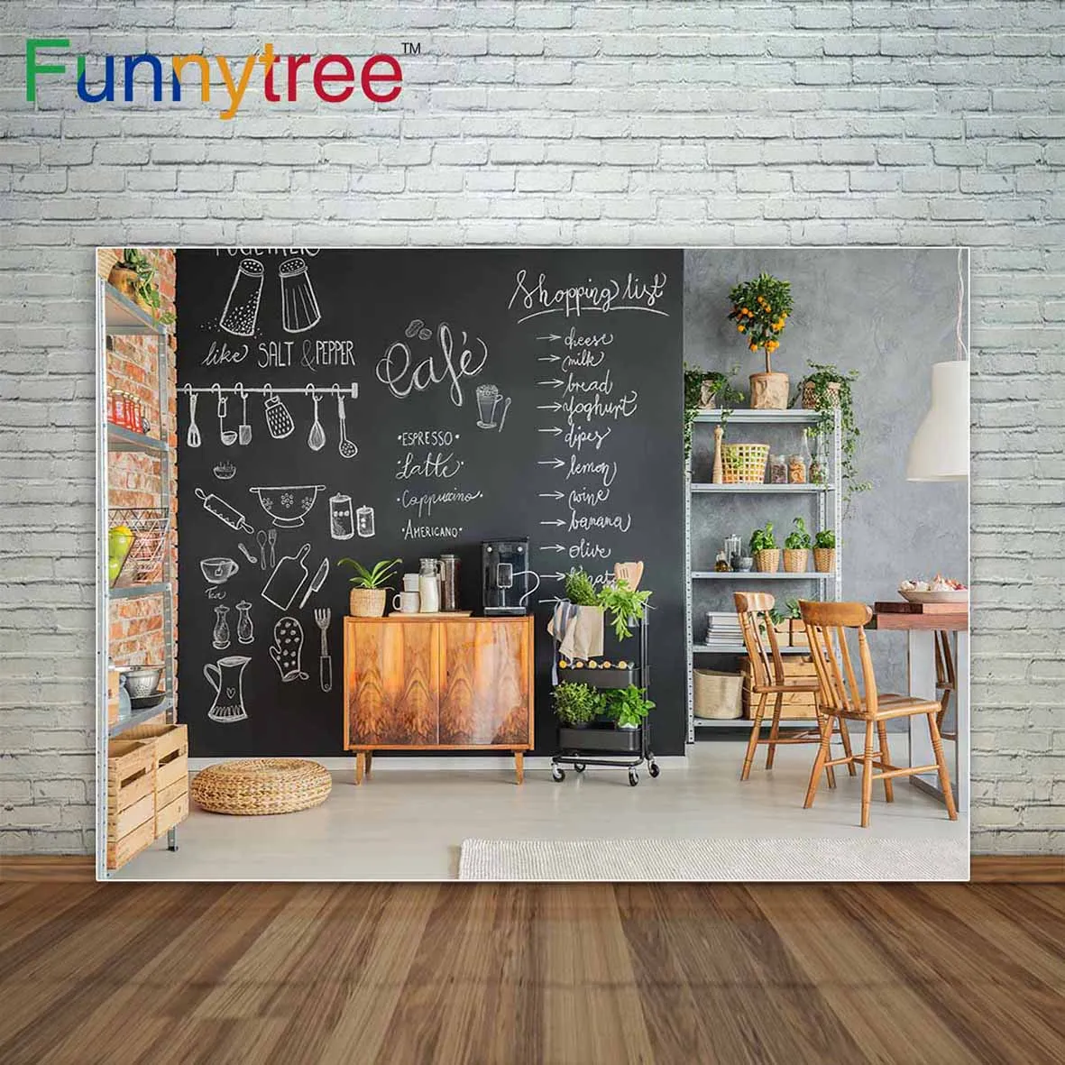 

Funnytree photography backdrops Blackboard with chalk painting kitchen background wood furniture interior backdrop decoration