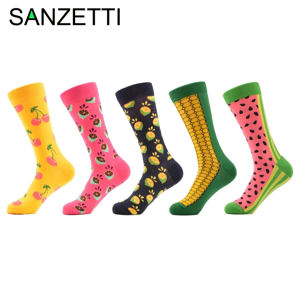 

SANZETTI 5 pairs/lot Combed Cotton Colorful Men's Wedding Socks Cherry Corn Watermelon Casual Dress Funny Party Dress Crew Socks