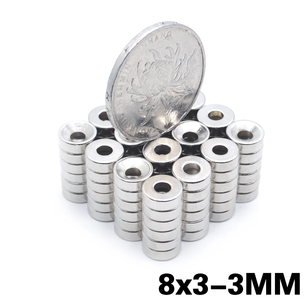 200 шт 8x3-3 мм круглое кольцо с потайной головкой магнит 8 мм x 3 мм отверстие 3 мм Редкоземельные неодимовые магниты 8*3-3 мм