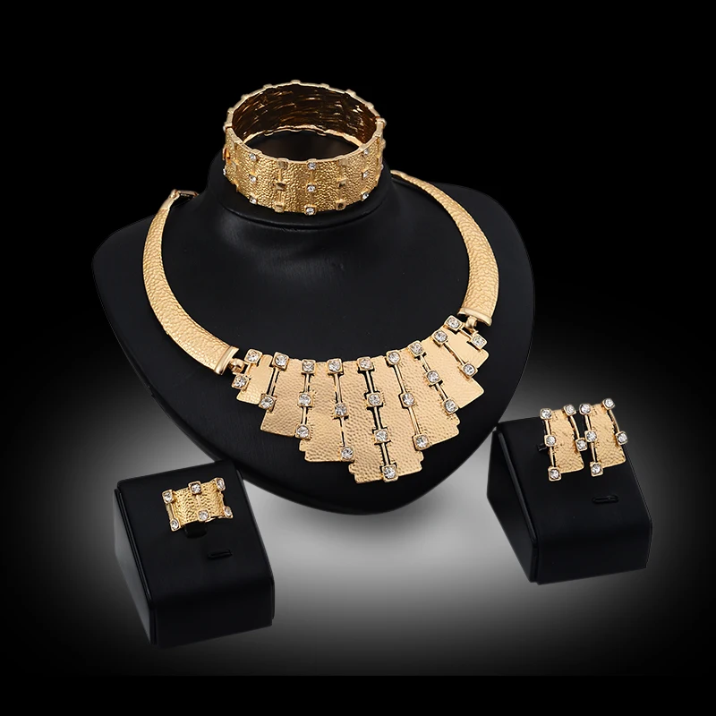 

Trendy Jewelry Set Women Gold Color Beads Collar Necklace Earrings Bangle Fine Rings Party Costume Latest Sets