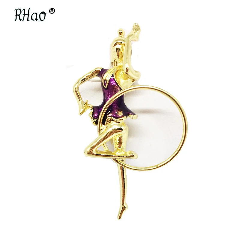 

RHao 2018 Elegant Sports Gymnastics Whirling Girls brooches pins Gold-color metal sports girls jewelry accessories corsage clips