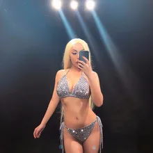 Сверкающими кристаллами серебряное бикини пикантная Женская одежда для ночного клуба День рождения Театральный Костюм женский для певицы для сцены костюмы танцовщицы