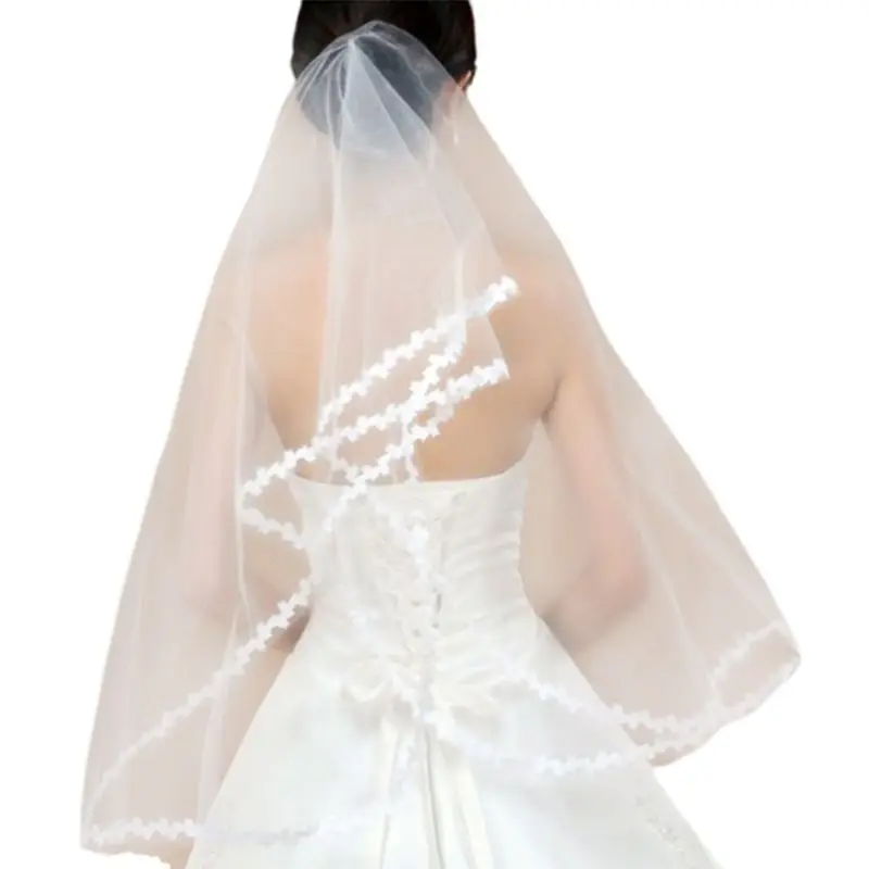 

1M Single Layer Women Short Sheer Mesh Tulle Wedding Veil White Small Leaf Applique Patchwork Trim Wavy Solid Color Bridal Veil