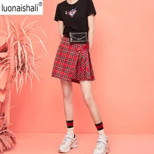 Original Skirt modis Ladies Plaid Printed irregular Short Skirt Streetwear Sprot chic Skirts Leather Patchwark M479