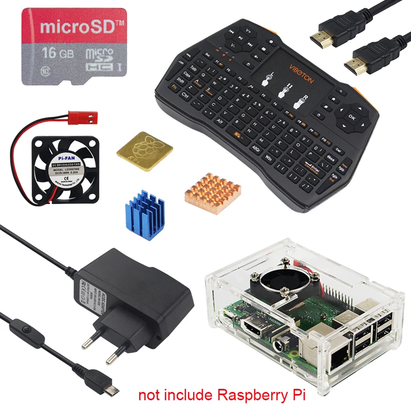 

Raspberry Pi 3 B+ Acrylic Case + Fan + 16 GB SD Card + Russian Spanish Mini Keyboard + Heat Sink + Switch Power Adapter + HDMI