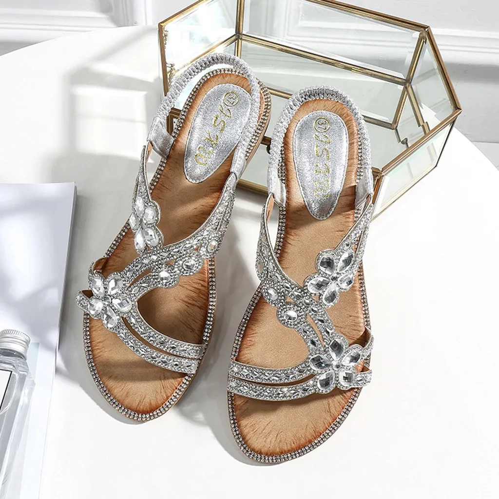 

2019 Women's Sandals Sequins Spring Summer Ladies Rome Shoes Bling Flower Crystal Flat Heels Sandals Wimen Beach Casual Shoes