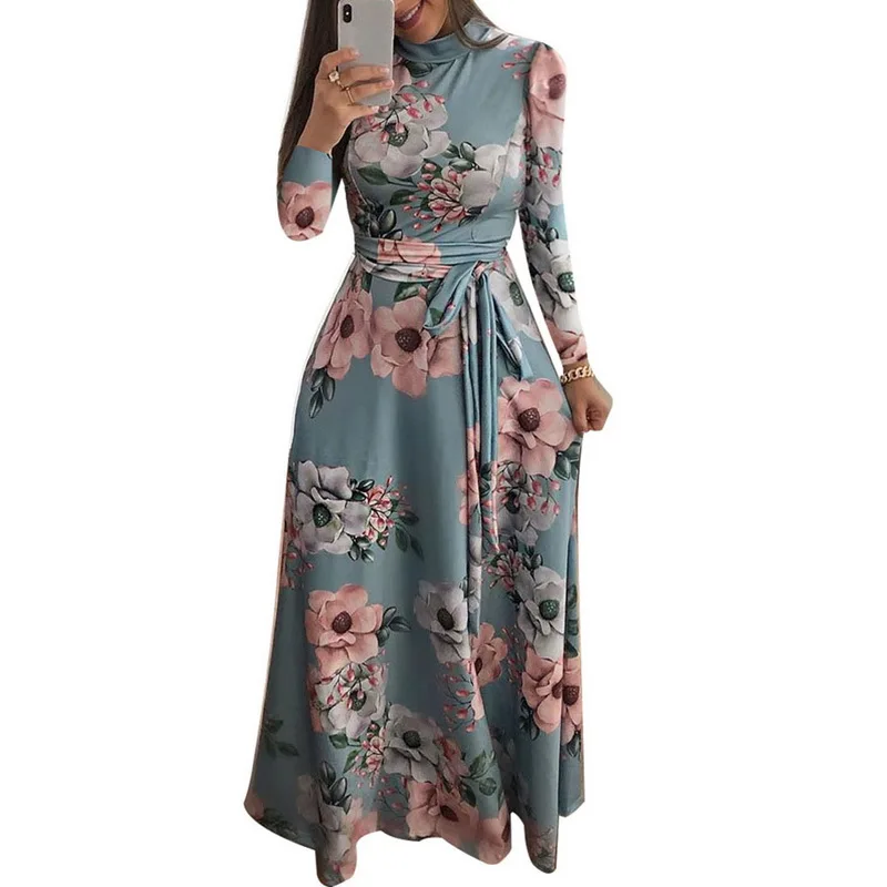 

NIBESSER 2019 Bohemia Womens Dress Long Sleeved Long NewCasual Long Dress Flower Printing Party Sexy Dress Womens Clothing