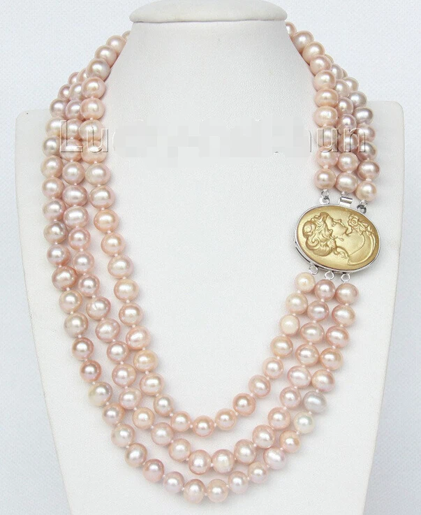 

16" 3row Strand 9mm pink-purple pearls necklace cameo seashell clasp j9375